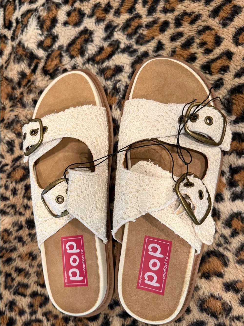 pop Women's Cream Double-Buckle Textile Slide Sandals